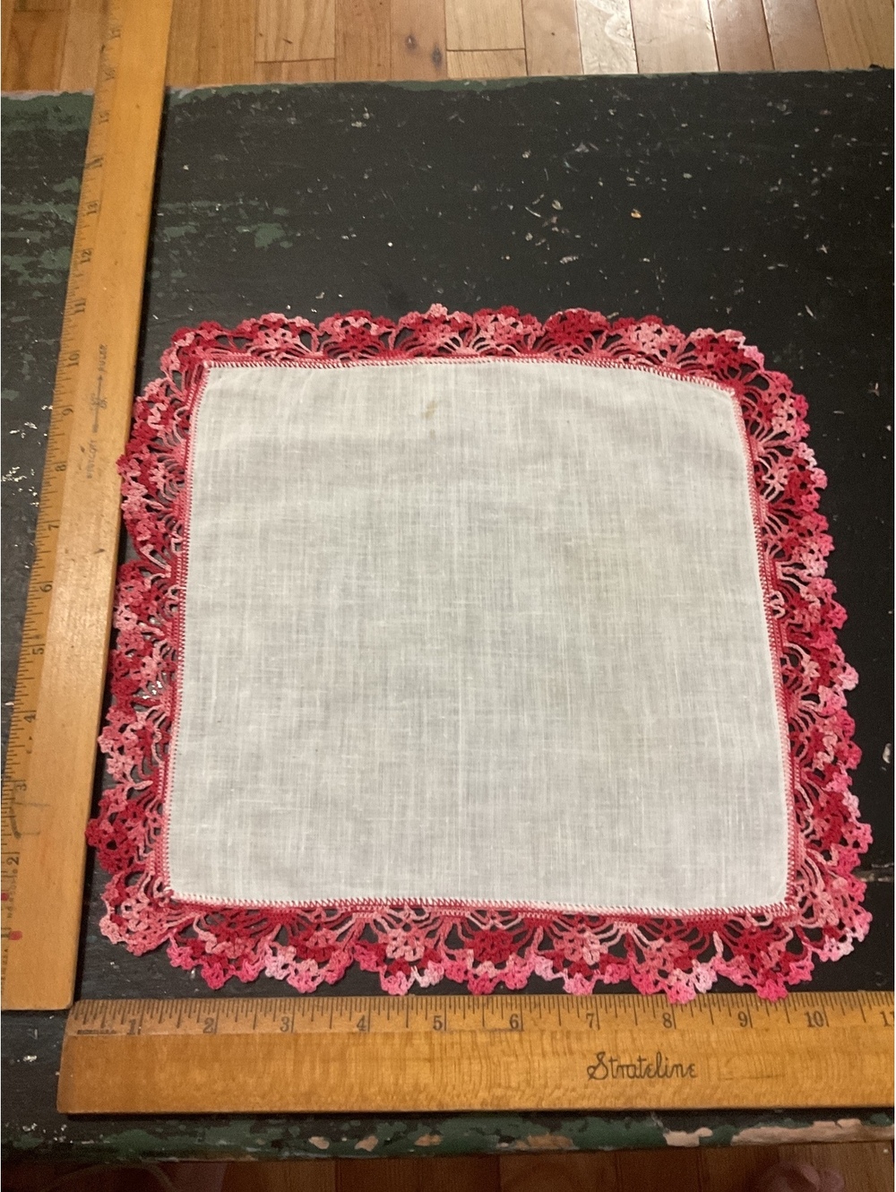 Vintage White Linen Handkerchief with Pink Crochet Lace Edging